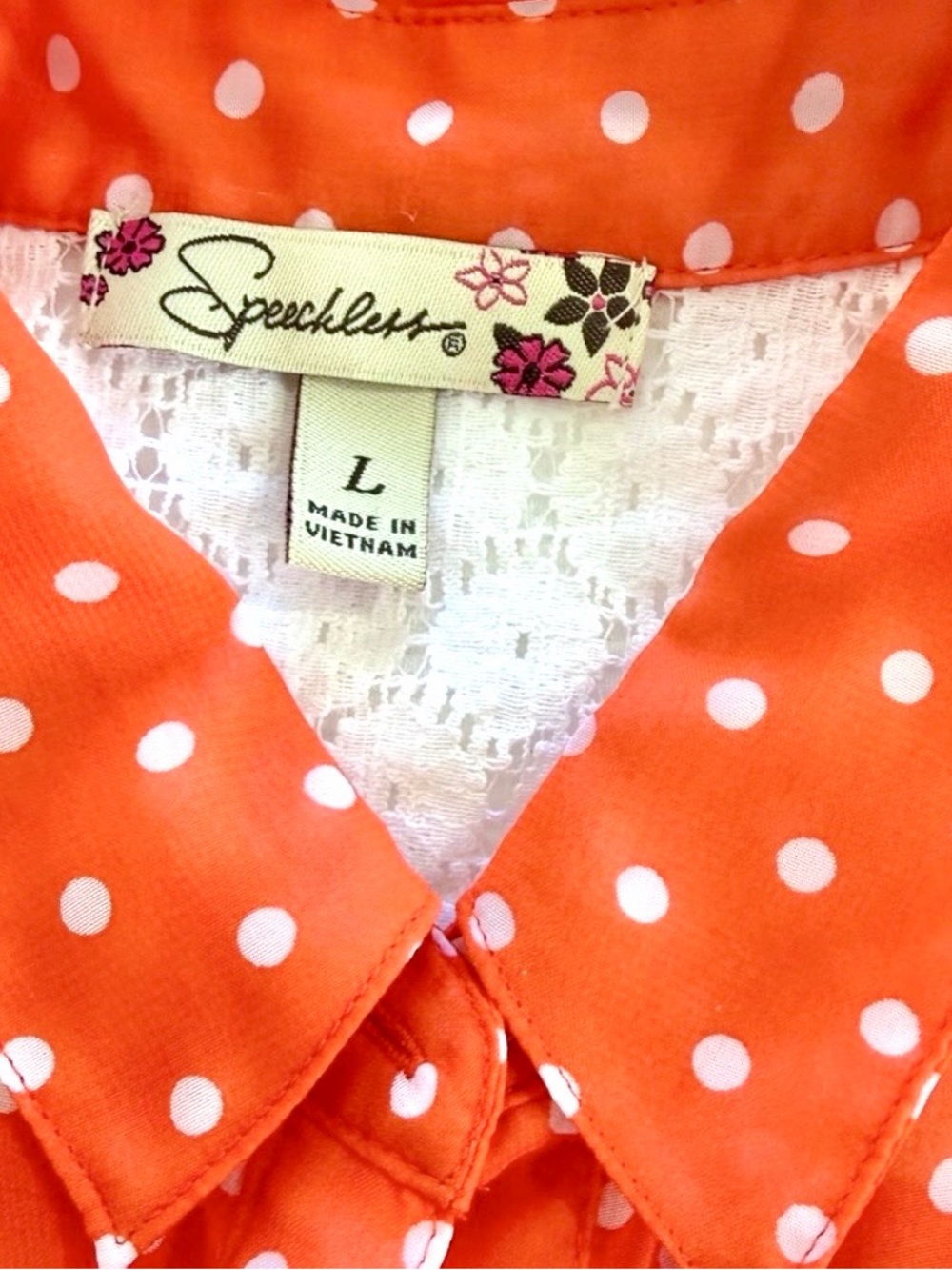 Sheer Chiffon Polka Dot Blouse Top orange white lace size L - Picture 2 of 6